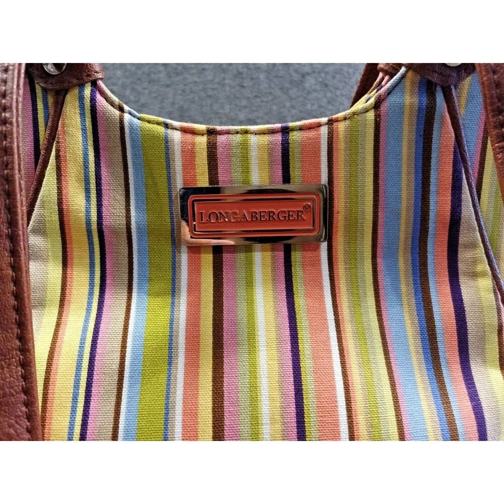 Longaberger Tote Bag Multicolor Stiped Brown Leather Handles and Bottom Pockets